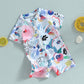 Baby Girls Boys Rash Guard Swimsuit Playsuits Rompers Watercolour Print Zipper Short Sleeve Sun Protection Bathing Suit