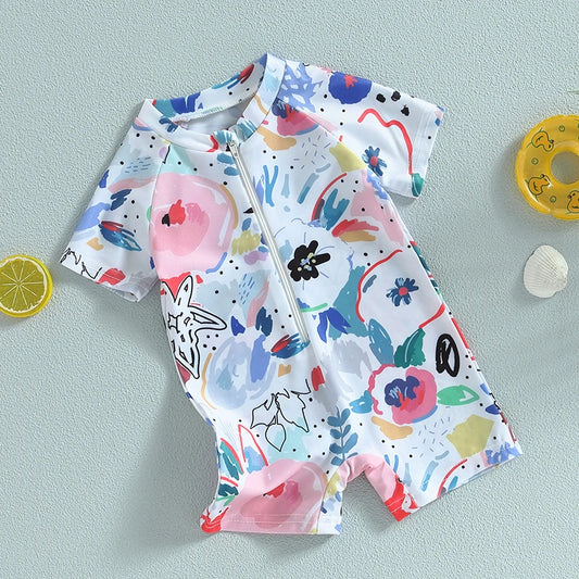 Baby Girls Boys Rash Guard Swimsuit Playsuits Rompers Watercolour Print Zipper Short Sleeve Sun Protection Bathing Suit