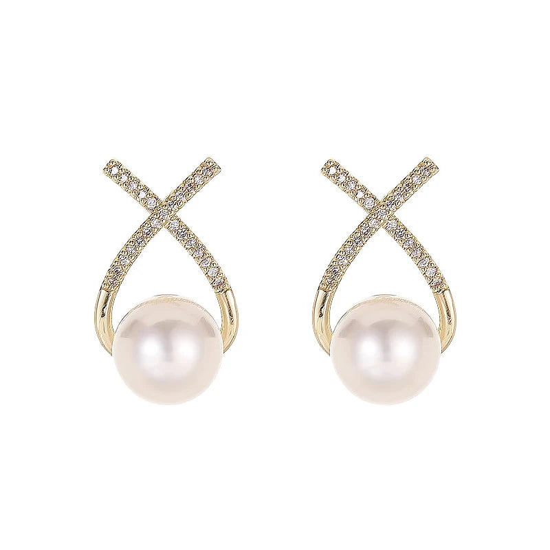 Gold Color Metal Fashion Korean Pearl Earrings For Women Sparkling Zircon Pendant Cuff Clip Earrings Wedding Party Jewelry Gifts