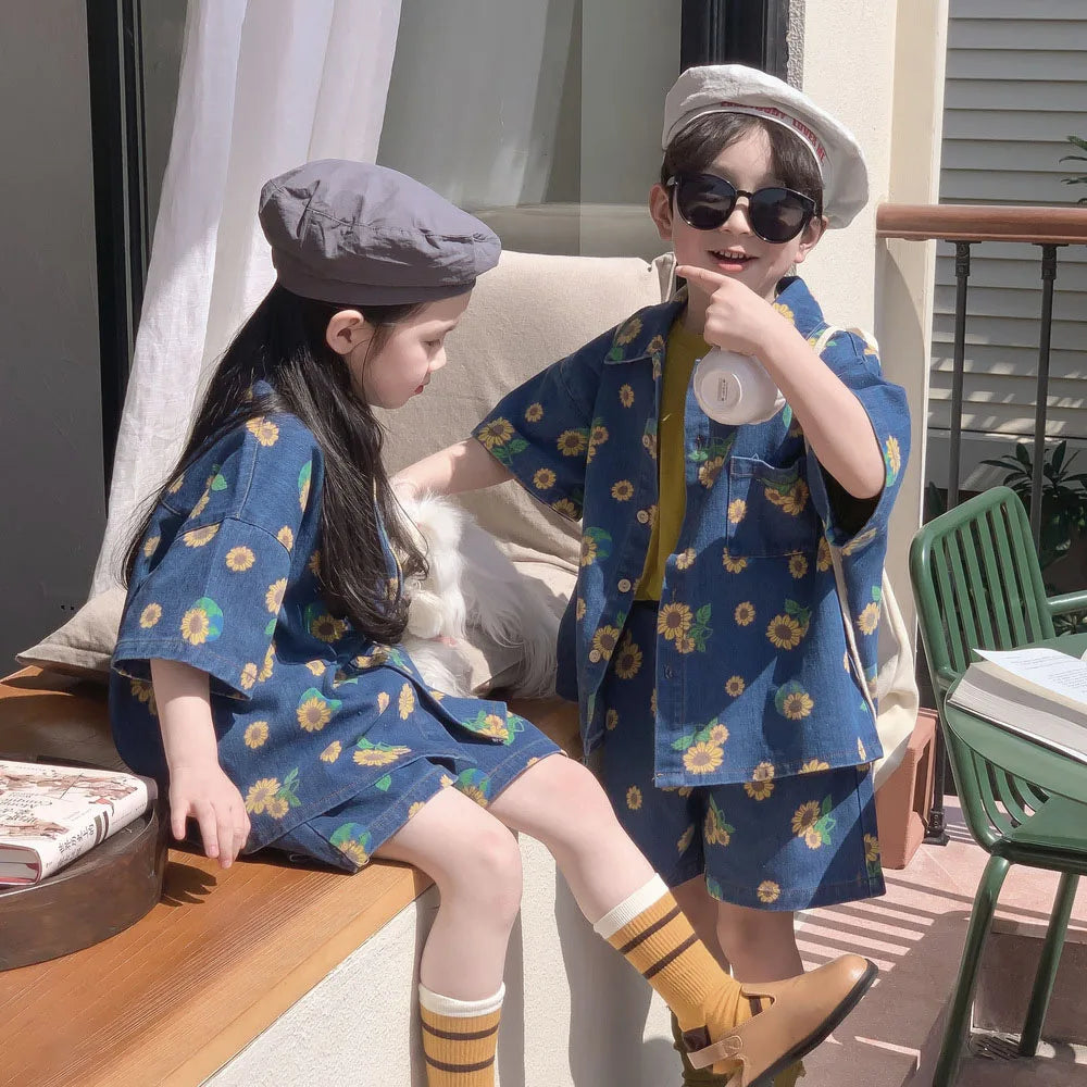 Summer Kids Denim Shirts Set Boys Girls Short-sleeved Shirts and Shorts Daisy Print Two-piece Children Casual Loose Sets 2023