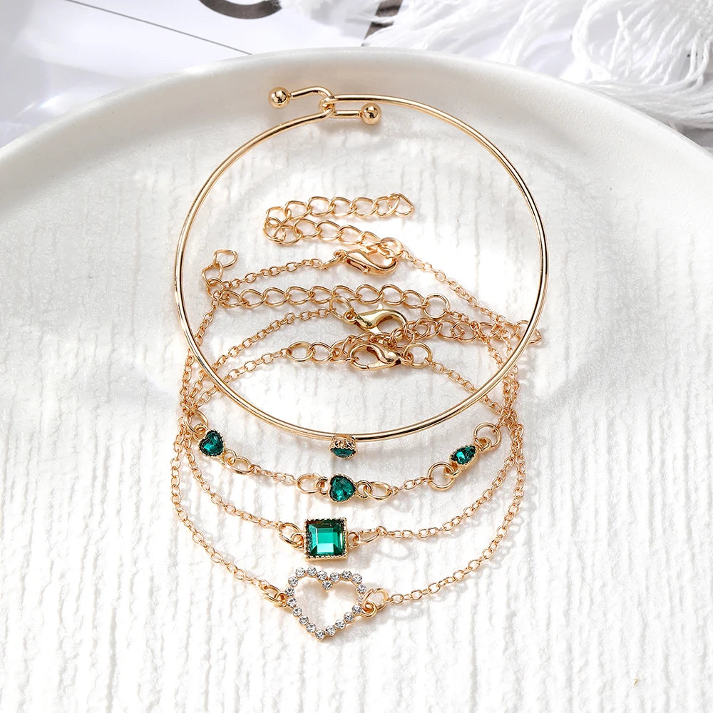 IFMIA 4pc Green Crystal Bracelet Jewelry Set for Women Heart Bracelets Wedding Engagement Woman Fashion Jewelry Pulsera