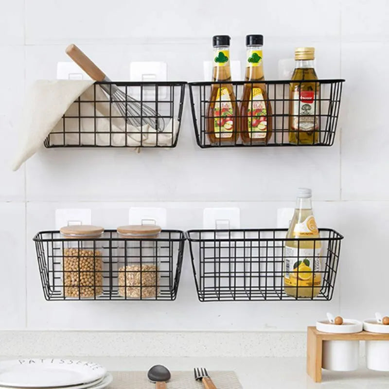 Wrought Iron Kitchen Seasoning Storage Basket Storage Basket Bathroom Rectangular Storage Box Wall Hanging Rack Storage