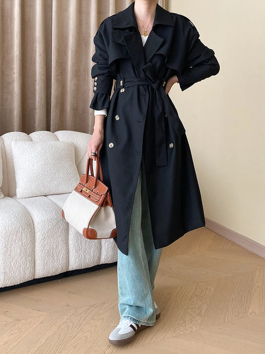 [LANMREM] French Style Elegant Lace-up Trench For Women Solid Lapel Long Sleeve Office Lady Overcoat Clothing 2023 Autumn New 26