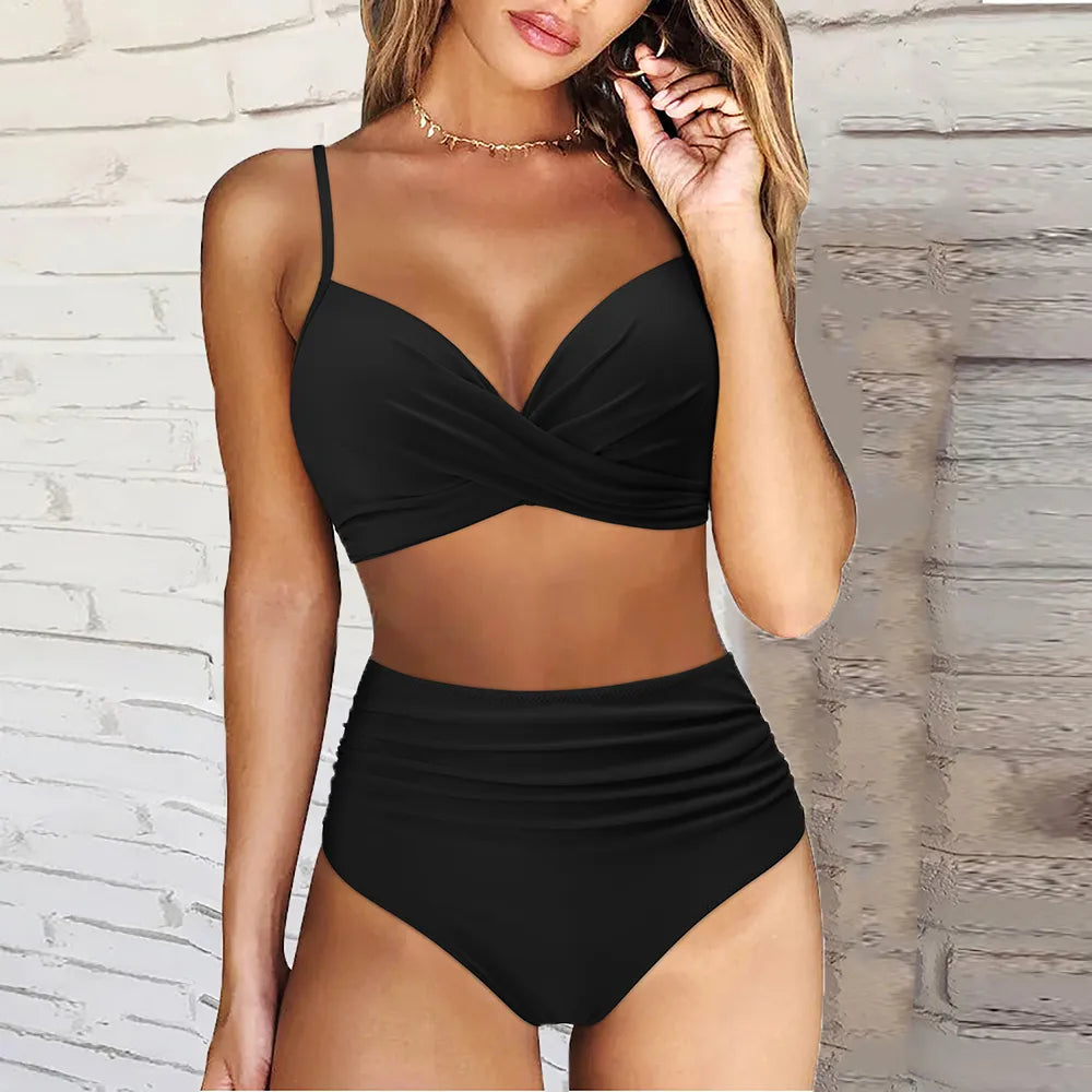 Push Up Bikini Swimsuit Women Sexy Solid Swimwear Female Leopard Banthing Suit Ruched Beachwear XL Size High Waist Bikini  Woman