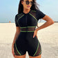 Peachtan Short Sleeve Surfing Suit Black One Piece Swimsuit Women 2023 New Patchwork Swimwear Sporty Swimwear Zippy Bathing Suit