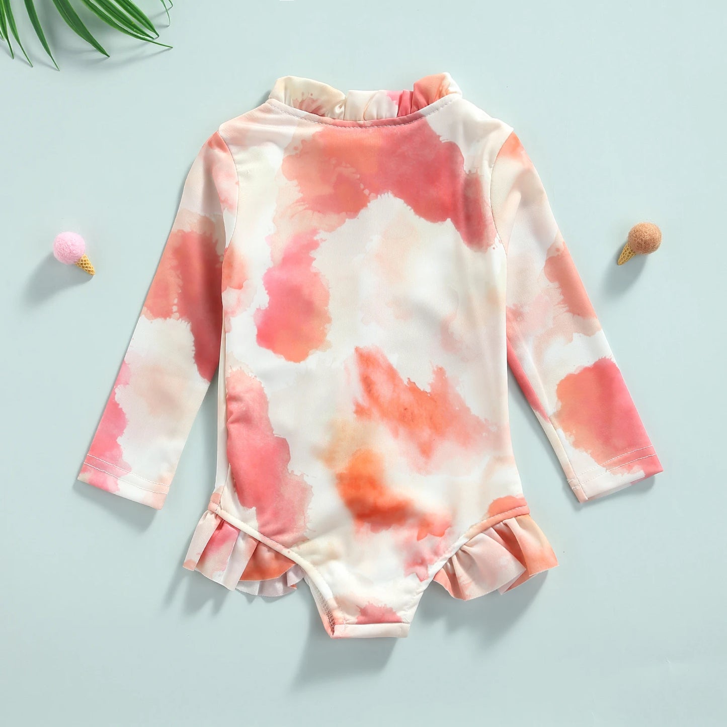 Tregren 1-5 Years Children Girls Tie-dye Swimsuit Kids Long Sleeve Zip-up Swimwear with Ruffles Rash Guards Beach Bathing Suit