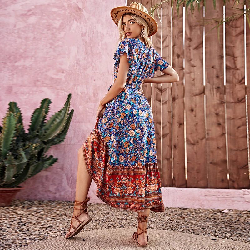 Bohemian Ladies V-neck Short Sleeve Boho Maxi Dresses