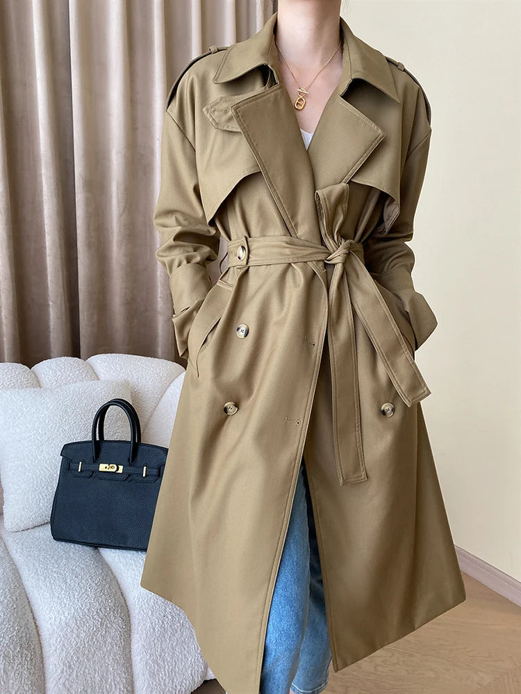 [LANMREM] French Style Elegant Lace-up Trench For Women Solid Lapel Long Sleeve Office Lady Overcoat Clothing 2023 Autumn New 26