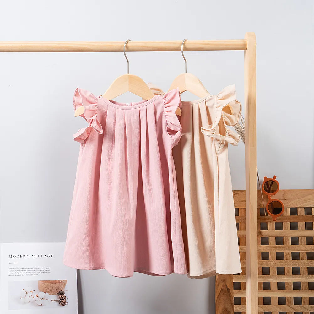 Summer Baby Girls Cute Dress Ruffle SleeveSolid Color Casual Dresses for Children New Fashion Kids Clothing