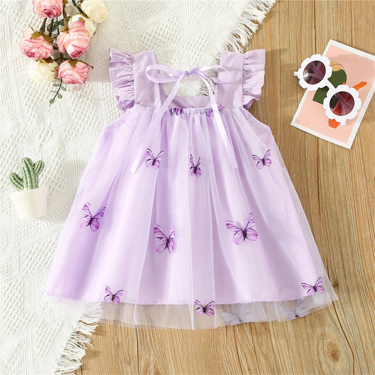 Sweet Beauty Children'S Dress 2023 Summer New Solid Color 3d Butterfly Embroidery Mesh Flying Sleeves Daily Knee Length 0-3 Year