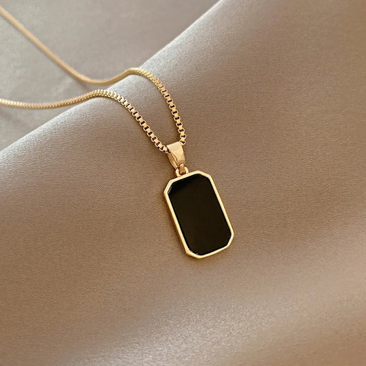 Stainless Steel Minimalist Square Pendant Korean Black Enamel Women's Gold Color Vintage Necklace Exquisite Long Jewelry Gift