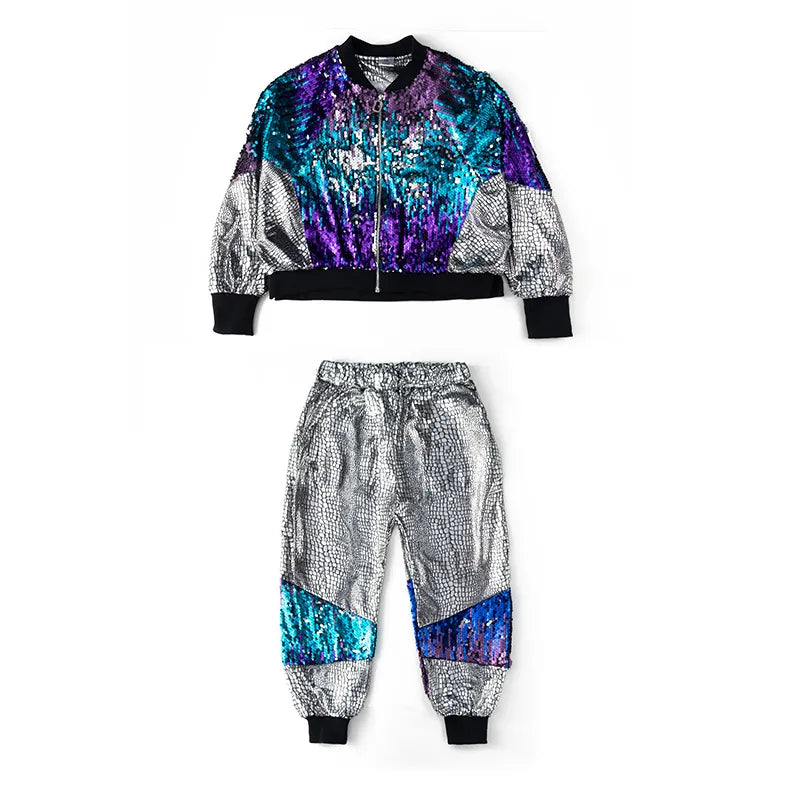 Street Jazz Dance Costume Performan Clothes Wear Kid Hip Hop Clothing Sequined Coat Jacket Loosed Silver Pants For Girls Boys