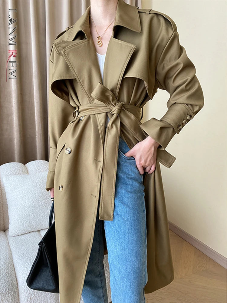 [LANMREM] French Style Elegant Lace-up Trench For Women Solid Lapel Long Sleeve Office Lady Overcoat Clothing 2023 Autumn New 26