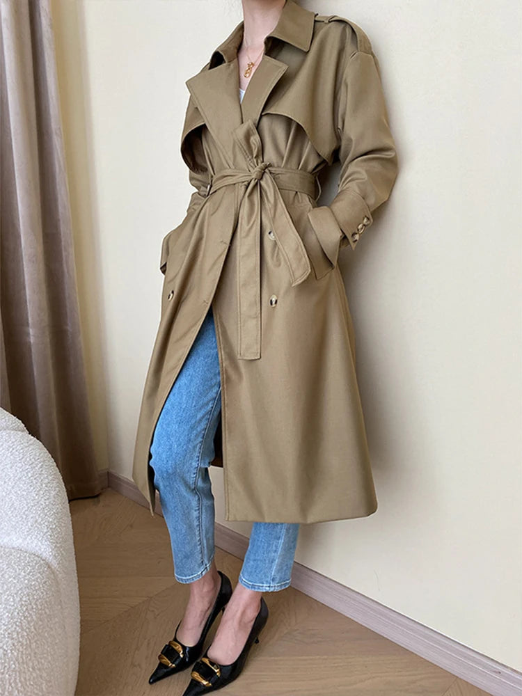 [LANMREM] French Style Elegant Lace-up Trench For Women Solid Lapel Long Sleeve Office Lady Overcoat Clothing 2023 Autumn New 26